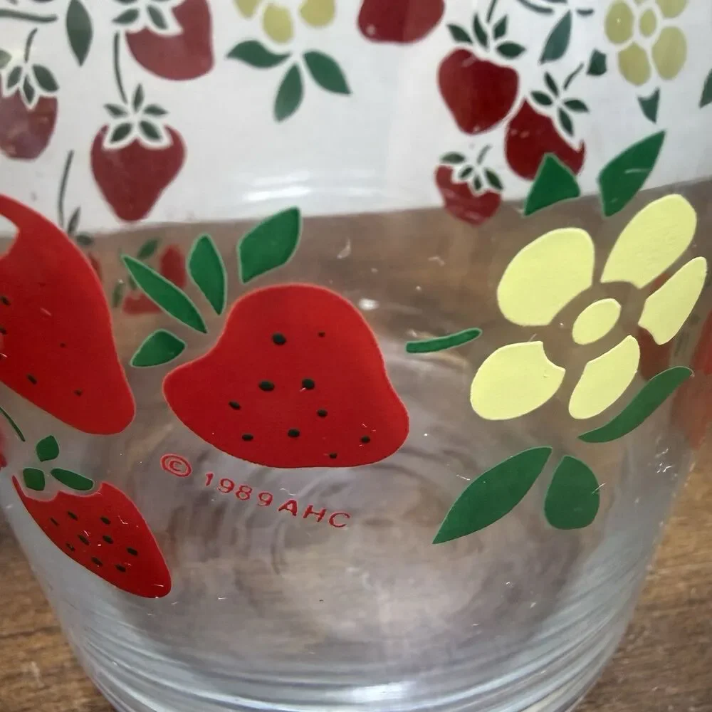 VTG Strawberry Blossom Glass Storage Jar Lid Anchor Hocking 80s Cottagecore 7in